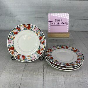 China Pearl DAISY Red Pink Blue Yellow Floral Rim Fine China Saucers Set of 4